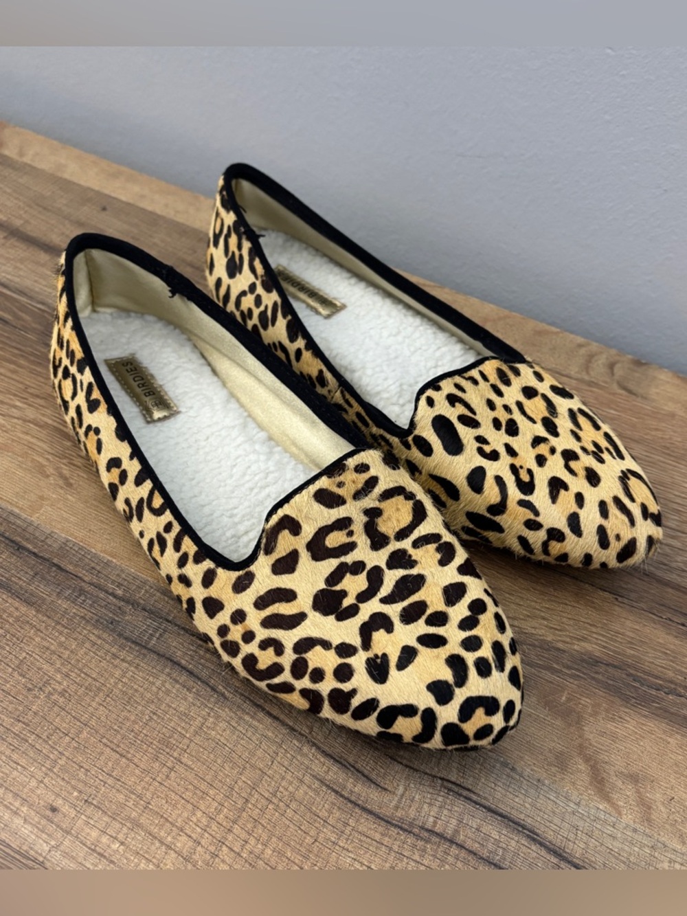 Birdies Wren Calfhair Leopard Print Flats Faux Shearling Lining